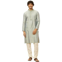 Manyavar Men's Green Blended Viscose Self Design Kurta Pyjama Set (L)