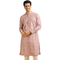 Manyavar Men's Cotton Blend Printed|Embroidered Kurta Pyjama Set (Pink,Xl)