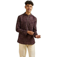 Manyavar Men's Viscose Blend Printed Short Kurta (Wine,Xl)