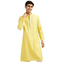 Diwas By Manyavar Men's Blended Viscose Jacquard| Self Design Kurta (Yellow,L)