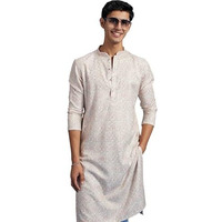 Diwas By Manyavar Men's Cotton Blend Printed|Sequined Kurta (Cream,L)