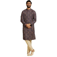 Manyavar Men's Viscose Blend Floral Print Kurta Pyjama Set (Blue,S)