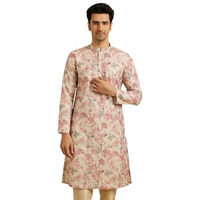 Manyavar Men's Linen Blend Digital Floral Print Long Kurta (Pink,L)