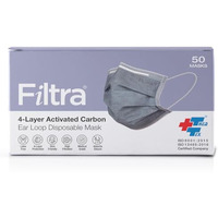 Filtra 4-Ply Ear Loop Activated Carbon Mask | Very High Filtration 99% Bfe & Pfe | Breathable | Hypoallergenic | Ergonomic | Fluid Repellent | Adsorbs Smells | Dispenser Box Of 50 Masks