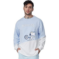 The Souled Store Official Peanuts: Recklessfull Sleeve Blue & White Color Full Sleeve Oversized T Shirts For Men Baggy Off-Shoulder Loose Fit Relaxed Drop Shoulder Round Neck Back Printed
