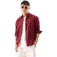 The Souled Store Maroon Mens And Boys Long Sleeves Collared Neck Button Front Oversized Fit Cotton Linen Shirt