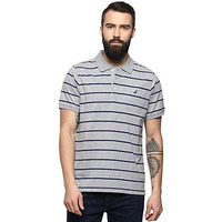 American Crew Cottonpoly Striped Polo T-Shirt For Men (Ac843-L_Grey Melange & Navy Blue)