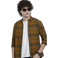 The Indian Garage Co Cotton Men's Checkered Slim Fit Shirt (1122-Shdctwyd-01-02_Beige L)