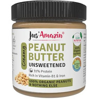 Jus' Amazin Creamy Organic Peanut Butter - Unsweetened (200G) | 31% Protein | Single Ingredient - 100% Organic Peanuts (No Added Sugar/Salt) | Vegan | Dairy Free | Keto | Clean Nutrition