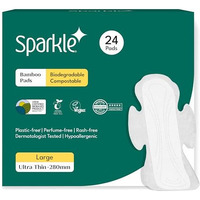 Sparkle Bamboo Ultra Thin Pads | Plant Based Sanitary Pads For Women | Thin, Flexible, & Leak-Proof Sanitary Pads With Wings | Usda Certified Biobased, Chlorine-Free, Hypoallergenic | Large 24 Count