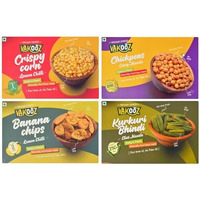 Vakooz Vacuum Cooked Healthy Snacks, 150G (Pack Of 4) | Corn Lemon Chilli Flavor 40G | Bhindi Chat Masala Flavor 20G | Chickpeas Curry Masala Flavor 50G | Banana Lemon Chilli Flavor 40G