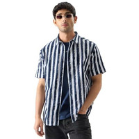 The Souled Store Men Stripes: Midnight Blue Printed Shirts Shirts Casual Button-Down Half Sleeve Printed Graphic Short Sleeve Casual Workwear Fashionable Stylish Comfortable Trendy Classic Summer