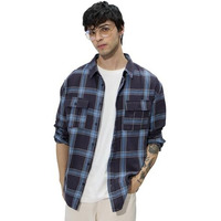 The Souled Store Plaid: Blue Men And Boys Long Sleeves Collared Neck Button Front Cotton Utility Shirts