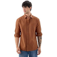 The Souled Store Russet Brown Men & Boys Long Sleeve Collared Neck Button Front Regular Fit Solid Cotton Linen Shirts