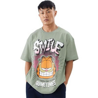 The Souled Store Official Garfield: Smile Men And Boys Short Sleeve Green Cotton Oversize Fit T-Shirt