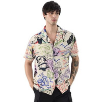The Souled Store Official Popeye: Graffiti Men And Boys Short Sleeves Collared Neck Button Front Multicolor All Over Printed Rayon Holiday Shirts