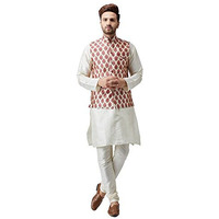 Sojanya (Since 1958 Men's Silk Off-White Kurta Pyjama & Maroon Printed Nehru Jacket Set Size L