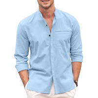 Madhavista Mens Casual Button Down Regular Fit Shirt | Cotton Luster Long Sleeves Shirts | Mandarin Collared Shirts Sky Blue, Large