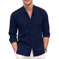 Madhavista Mens Casual Button Down Shirt | Cotton Luster Long Sleeves Shirts | Mandarin Collared Shirts Navy Blue