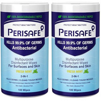 Perisafe Multipurpose Disinfectant Wipes For Surfaces & Skin-100X2=200 Wipes | 100% Biodegradable | Antibacterial | 2-In-1- Kills Germs & Cleans Tough Messes | Fresh Mint