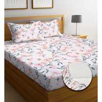 Tarain Collection Cotton Elastic Fitted Bedsheets With 2 King Size Pillow Covers | Double Bed With All Around Elastic 180 Tc Supersoft | Size - 78" X 72" Inches | Floral Light Green Pink