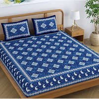 Sheetkart Dabu Squares 100% Cotton Double Bedsheet Jaipuri Printed Bed Cover King Size With 2 Pillow Covers, Midnight Blue