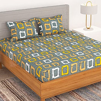 Bedspun Bedsheet For Double Bed Set Of 1 Microfiber Bedsheet With 2 King Size Pillow Cover, Grey - Yellow Bed Sheet Geometric Design, Bedsheets : 220 X225 Cm, Pillow: 40X60 Cm, Perfect For Home Decor