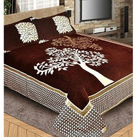 Fresh From Loom Chenille Velvet Floral 500 Tc Heavy Bedsheet For Double Bed King Size - 90 X 100 Inch Coffee Color With 2 Pillow Covers