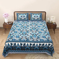 Tamasvini Cotton 144 Tc 1 Bedsheet With 2 Pillow Covers Sanganeri Jaipuri Print (Size 108 Inches X 108 Inches) Super King Size Bedsheet For Home And Living Room (Blue Bird)
