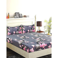 Helvetica Supersoft 144Tc Polycotton Elastic Fitted Bedsheet Queen Size 90X100 Inches For Double Bed With 2 Pillow Covers