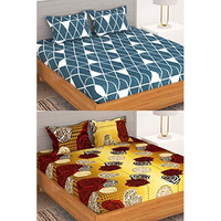 Bedspun Bedsheet For Double Bed Set Of 2 Microfiber Bedsheet With 4 King Size Pillow Cover,150 Tc Bed Sheet Blue & Mustard, Bedsheets : 220 X225 Cm, Pillow: 40X60 Cm, Perfect For Home Decor & Gifting