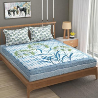 Bhavya Apparel 3 Piece King Size Cotton Bedsheet For Double Bed With 2 Pillow Cover, Printed Elastic Fitted Double Bedsheet 310 Threadcount (Floral-Sky-Blue)
