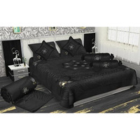 Manavrachit Satin Gold Printed 310 Tc Double Bed Wedding Bedding Set - 8 Pieces - Black- For Home & Living Room - Jaal Print, Black Jaal Color