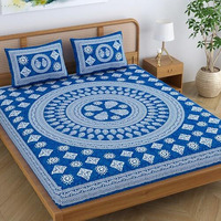 Sheetkart Pure Cotton Mandala Block Floral Printed Double Bedsheet With 2 Pillow Covers, Royal Blue