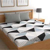 Helvetica Supersoft Cotton Elastic Bedsheet For Double Bed All Round Elastic 400 Tc With 2 Coordinate Pillow Covers (Queen, Black And White)