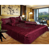 Manavrachit Self Design Satin Bedding Set (Set Of 8 Pcs)[1 Double Bed Bedsheet || 2 Pillow Cover || 2 Filled Cushion || 2 Filled Bolsters ||1 Ac Comforter] Butti. (Maroon)