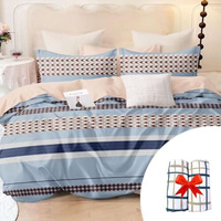 Antalya Decor Elastic Fitted Queen Size Cotton Bedsheet 140 Gsm 90 * 100 Inches (Blue And Beige) Glace Cotton With 2 Pcs Of Face Towels Free