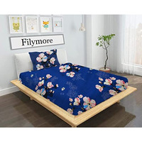 Filymore Blue Flw Design 240 Tc Single Bed Sheet With 1 Pillow Covers - Vibrant Floral Print, 100% Microfiber, Blue Color, Small Size Bedspread (90X60 Inches)