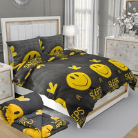 Manavrachit Cotton 210Tc Smiley Printed Bedding Set Of 4(1 Comforter Microfiber Filled And 1 Flat Sheet With 2 Pillow Covers) King Size Ac/Blanket Wedding Set(Black)