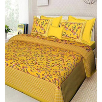 Rajdevi Jaipur Prints Yellow Flower Queen Size 1 Bedsheet 100% Cotton With 2 Pillow Cover