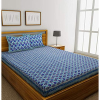 Gk Textiles Jaipuri Hand Block Mughal Bagh Print Cotton 180 Tc King Bedsheet With 2 Pillow Cover- (Blue, King)