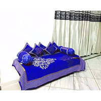 Fresh From Loom Chenille Floral 500 Tc Diwan Set Navyblue - 1 Single Bedsheet With 2 Bolster Covers And 5 Cushion Covers (8Pc Set)