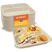Eco Soul [3-Compartment, Pack Of 50 Disposable Meal Tray | Compostable Bagasse Plates | Eco-Friendly Biodegradable Dinner Plates | Party, Wedding, Event Plates, Beige