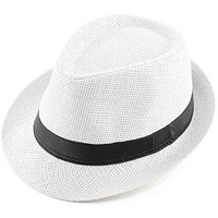 Faleto Unisex Summer Panama Straw Fedora Hat Short Brim Beach Sun Cap Classic (#01 White)