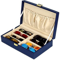 Fico Hard Craft Sunglasses Specs Spectacle Eyewear Goggles Organizer Box Case 8 Slots Pu Leather Sunglass Shades Holder Cover Pouch Organiser Box For Men And Women (Blue)