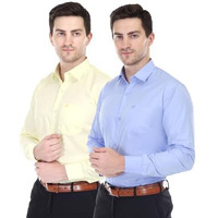 Xjarvis Clifton Men's Cotton Blend Shirt | Formal Shirt With Pocket | Plain | Spread Collar & Full Sleeves | Summer - Regular Fit, Pack Of 2 (Lemon/Blue, L)