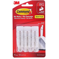 3M Command Pack 9 Hooks, Holds Upto 225Gms,Removable,Comes Off With No Paint Damage,Small Wire Wall Hooks, Reusable, Adhesive Plastic Hooks For Wall, Multi-Surface Damage Free Hooks (White, 9 Hooks)
