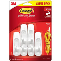 3M Command, Value Pack 6 Hooks, Holds Upto 1.3Kg, Removable, Comes Off With No Paint Damage, Medium Utility Wall Hooks, Heavy Duty - Plastic, White