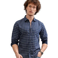 Highlander Men's Checkered Slim Fit Shirt (Hlsh009221_Navy Blue/White