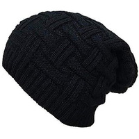 Crumpled Beanie Cap For Men And Women Woolen Knitted Long Beanie Cap Inside Fur, Freesize (Black)